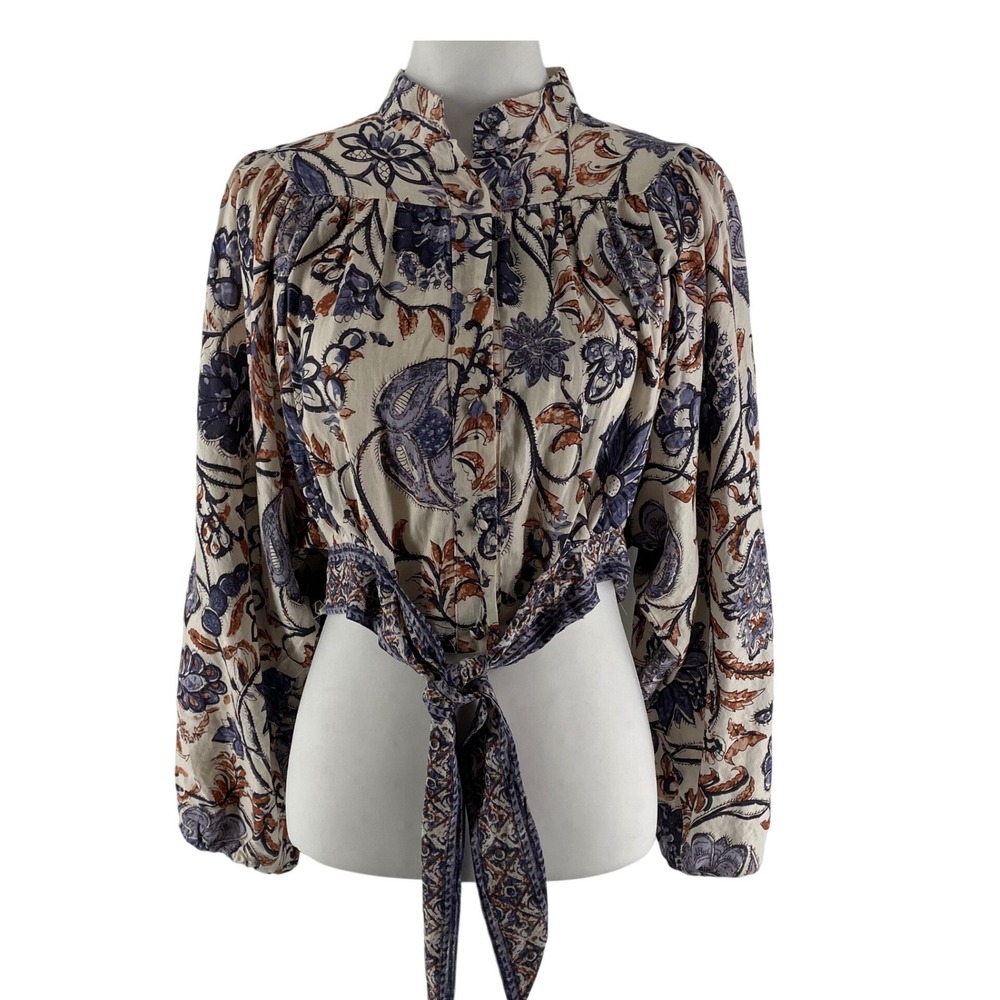 Nicole Miller Floral Crop Tope Women's Small Linen Blend Tie Front‎ Western Boho
